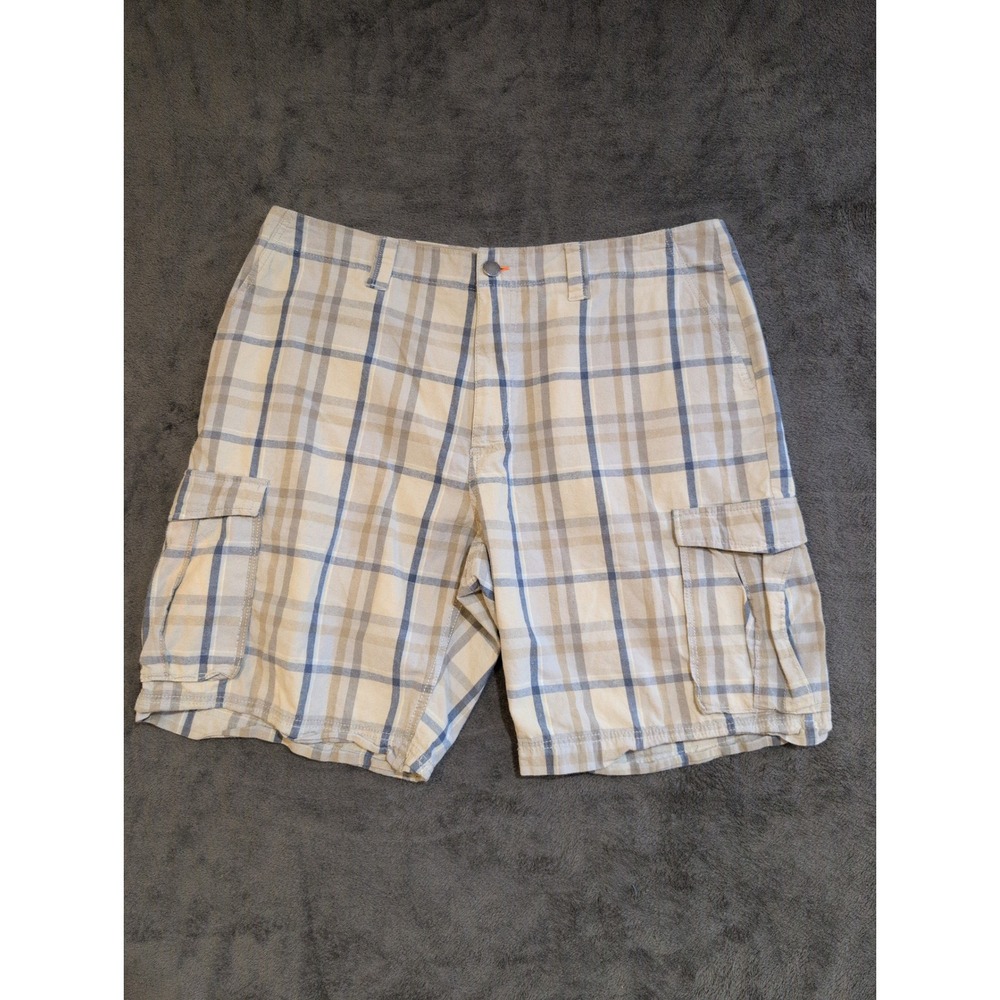 John Bartlett Consensus Mens 40 Plaid Cargo Shorts Beige Navy Tan Cotton Utility